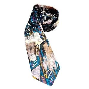 VTG Men Ferracci 100% Silk Tie geometric abstract‎ print retro 90s 62 blue gray